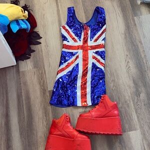 Ginger Spice Girls Union Jack Sequin Dress with YRU Red Platform Rave Boots